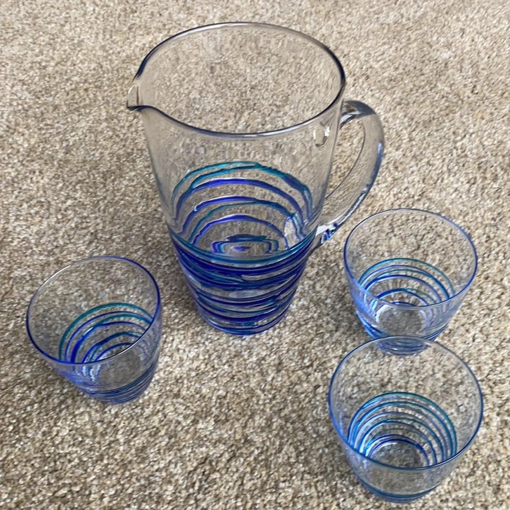 Pier 1 Glass two-tone blue glass pitcher with 3 matching glasses